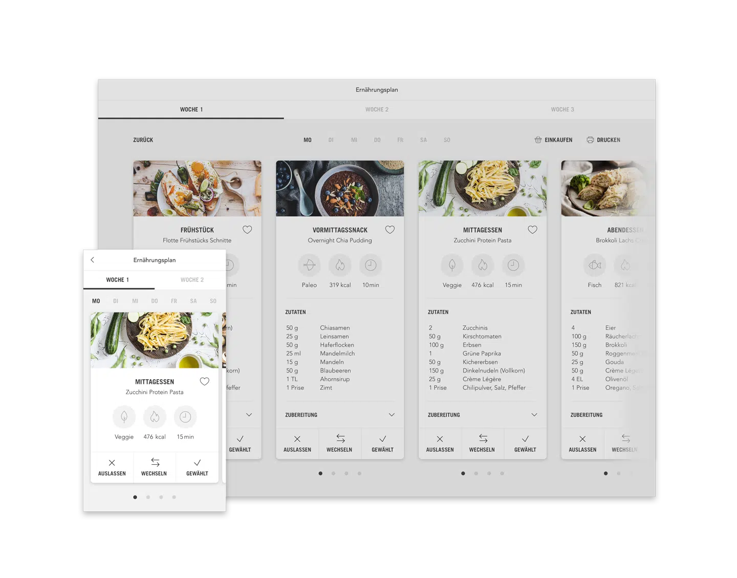 NFC Ernährungsplan Plan mit Mahlzeiten (Desktop responsive Ansicht Beispiel Tag)